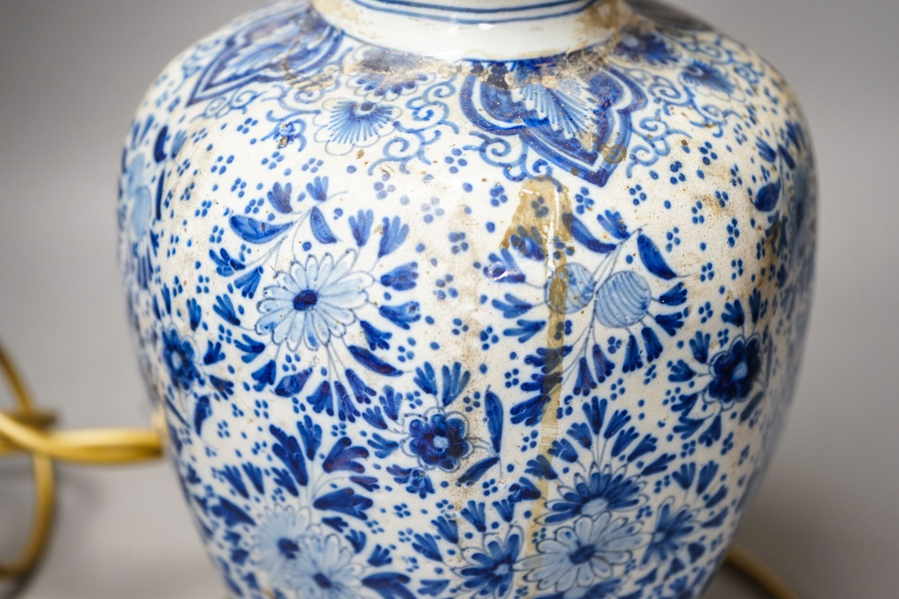 An 18th/19th century Delft blue and white octagonal double gourd vase, mounted as a lamp 50 cm